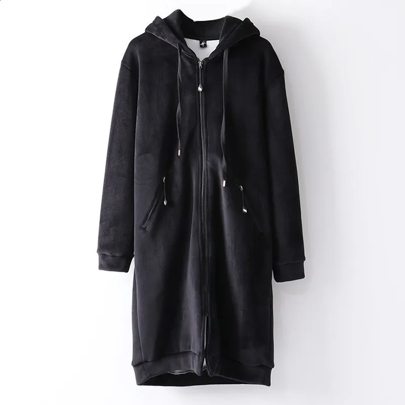 Medium Long Velvet Zipper Hoodie Jacket Loose Versatile Cardigan Sweatshirt Womens Spring Autumn Student Thick Warm Top 251022