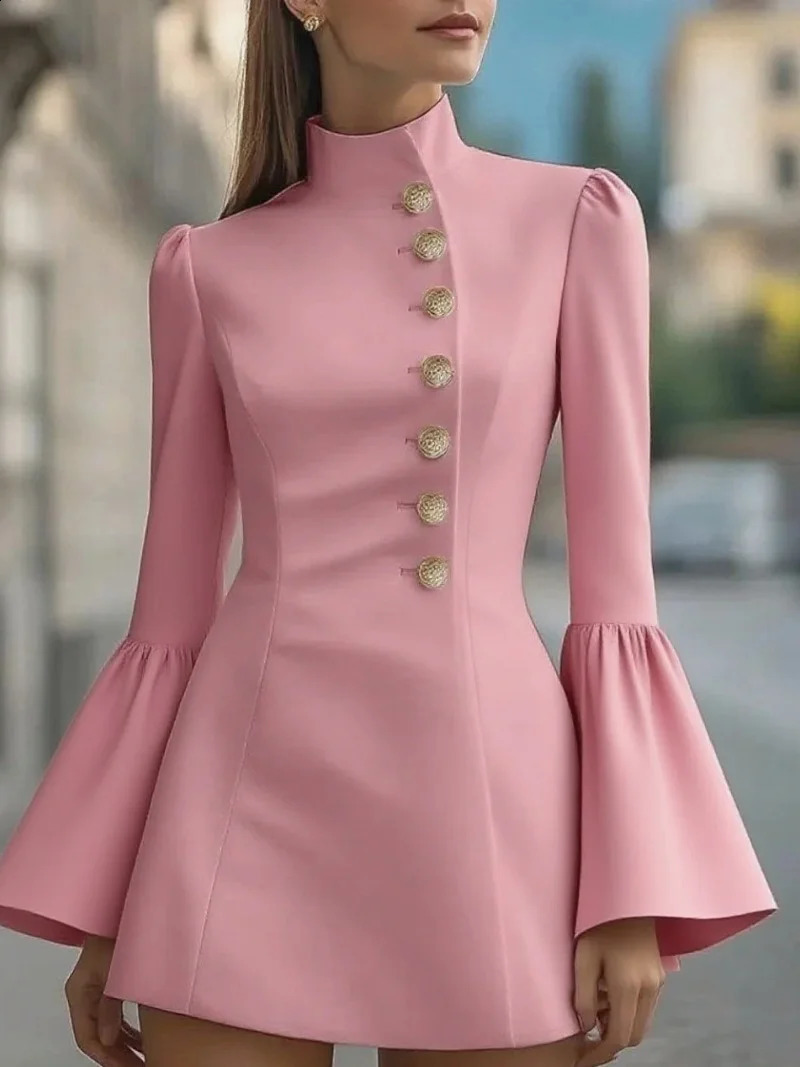 Autumn temperament slim solid colour standup collar flared sleeve singlebreasted suit dress 251022