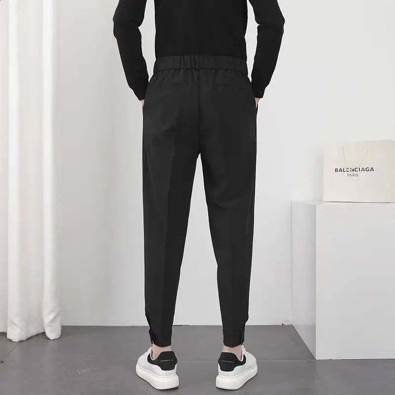 Fashion Men Casual Pants Elastic Waist Small Feet Slim Korean Style Pleated Tapered Male Blazer Trousers Streetwear 251023