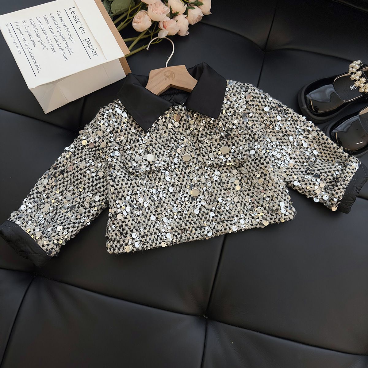 Girl designer fashion style set Spring and Autumn baby girl sequin jacket dress short skirt two-piece princess style