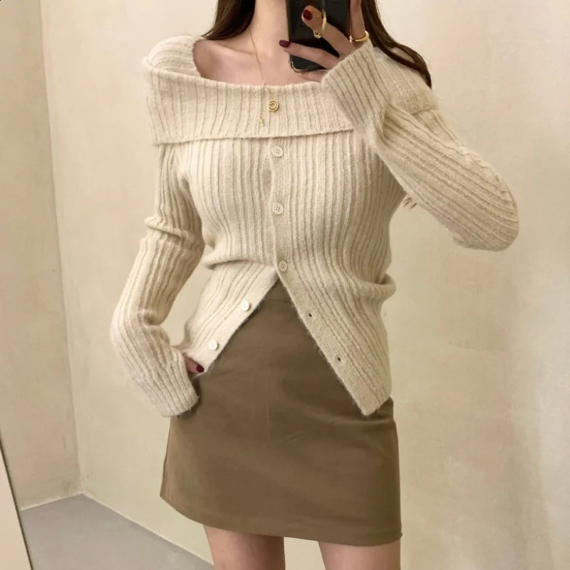 Y2K Sexy OffShoulder Sweater Pullover Women Stretch Slim Slash Collar Jumpers Sweaters Chic Single Breasted Knitted Pullovers 251023