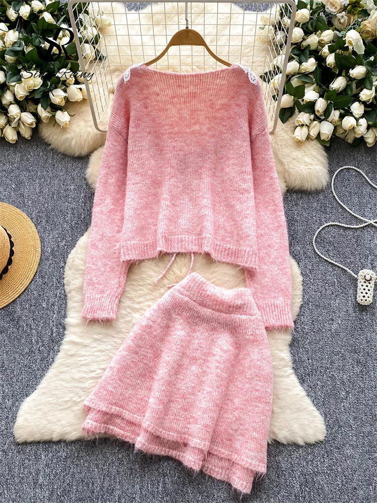 SINGREINY Autumn Cashmere Two Piece Suits Lace Splice V Neck CardiganMini Bodycon Skirt Women Fashion Thick Wool Sweater Sets 251022