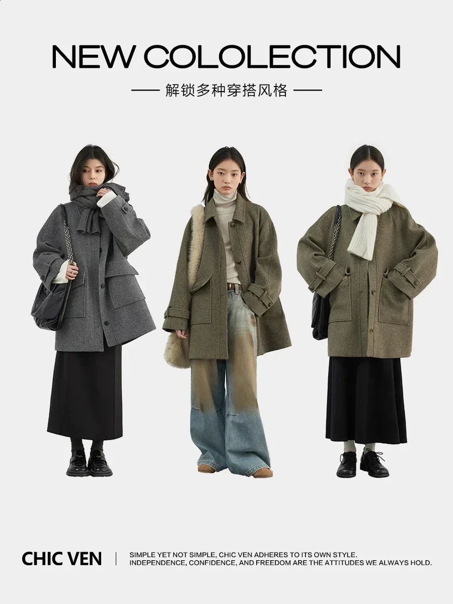 CHIC VEN Women Woolen Coat Casual Single Breasted Long Loose Solid Female Overcoat Ladies Outerwear Autumn Winter 251021