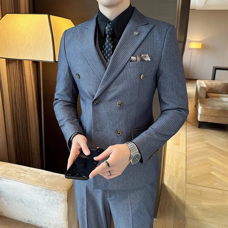 Mens Double Breasted 32 Piece Business Casual Wedding Dress Suit with Trousers Regular Fit Bridegroom High Sense 251023