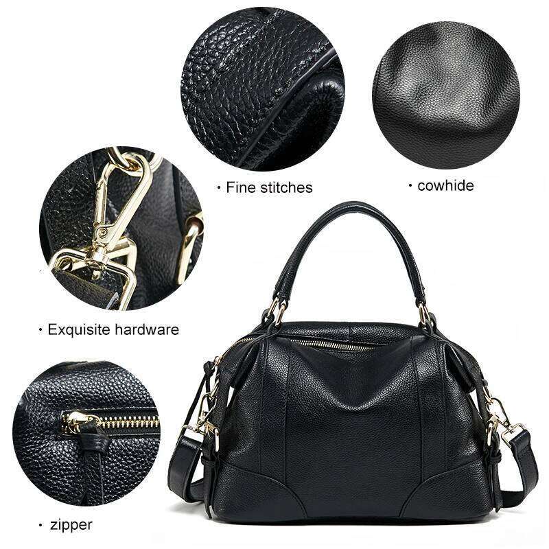 Aidrani New women's retro handbag, large capacity Boston bag, made of cowhide material, black