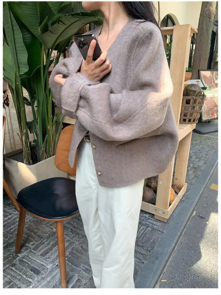 Short Woolen Jackets AutumnWinter KoreanStyle Metal Single Breasted Round Neck Loose Rabbit Hair Women Wool Coats 251021