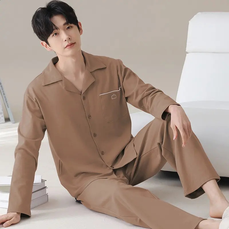 Modal Cotton Mens Pajamas Spring Autumn Thin Longsleeved Trousers Large Size Solid Homewear Male Outside Loungewear Suit 251021