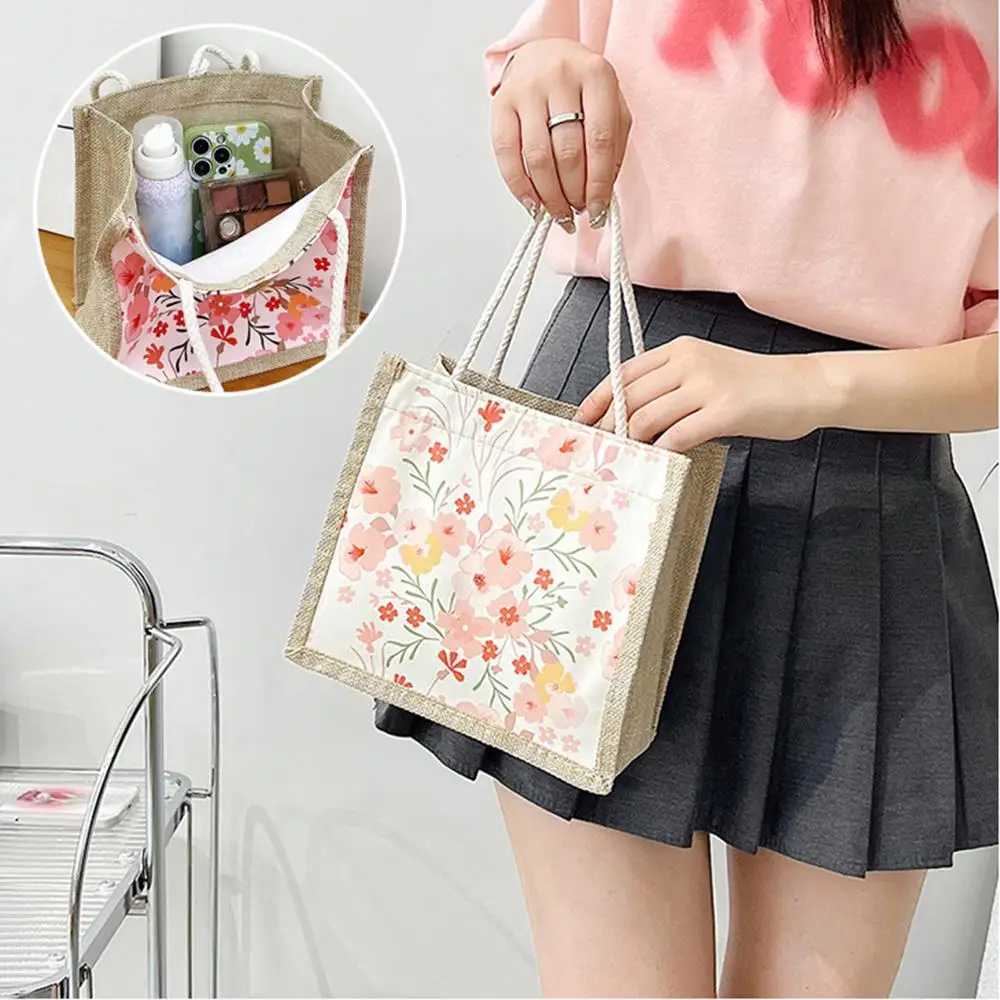 Ins Lunch Bags For Women Floral Print Tote Bag Food Storage Linen Bag Functional Portable Travel Picnic Outdoor Eco Shopping BagL251023