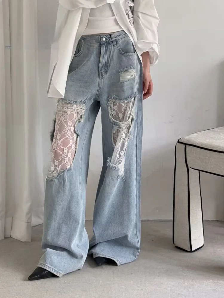 Womens Y2K American Style High Waist Lace Spliced Denim Pants Loose Wide Leg Trousers Fashion tie Hole Patchwork Jeans 251022