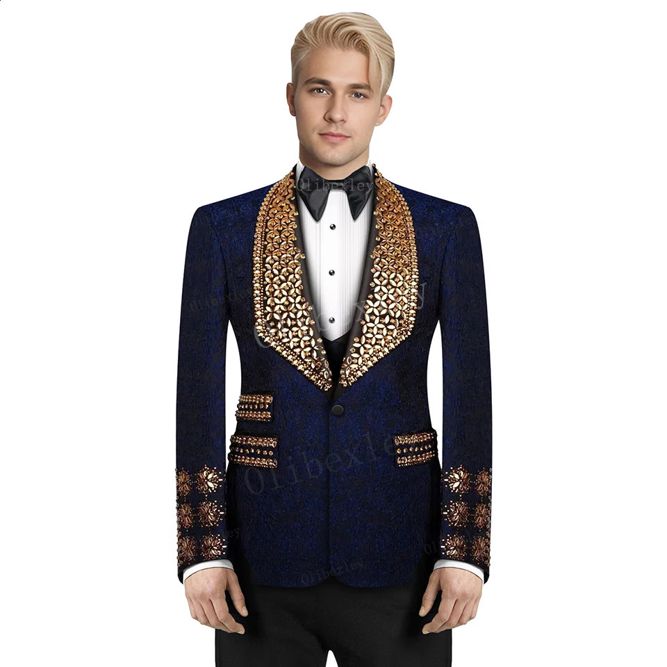 B13 Navy Blue Men Suits Set 2 Piece Blazer Pants y Crystals Groom Wedding Tuxedo Single Breasted Custom Made Prom 251023