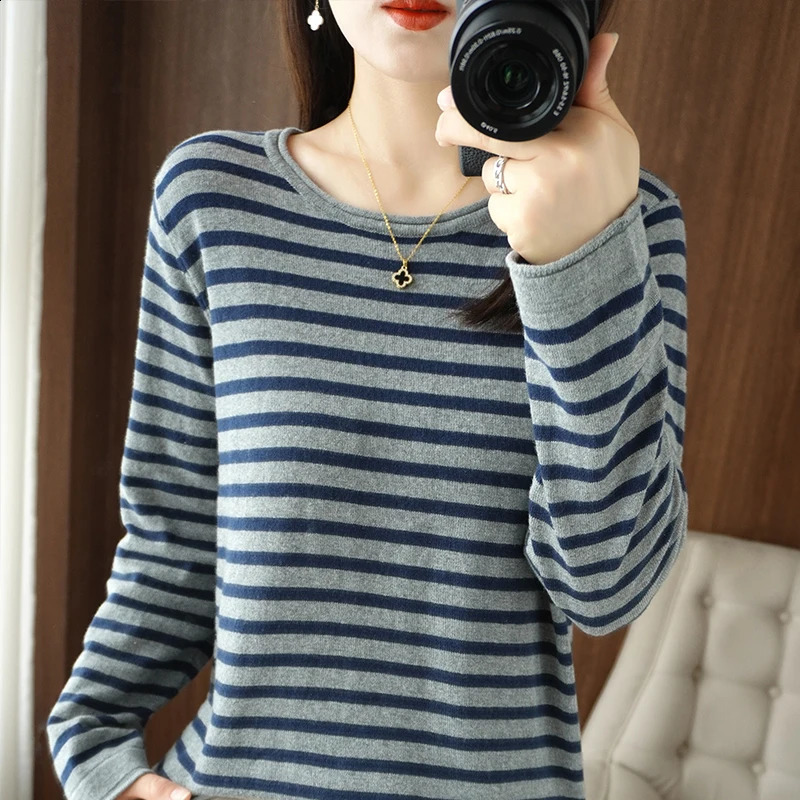 Women 100 Cotton Sweater Curled Oneck Strip Pullover Autumn Winter Casual Knit Clothing Fashion Soft Bottoming Sweater Tops 251023