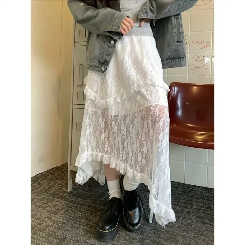 Deeptwon White Lace Asymmetrical Skirt Women Fairycore Sweet Vintage Mid Irregular Skirt Korean Style Aesthetic Ruffle Skirts 251013