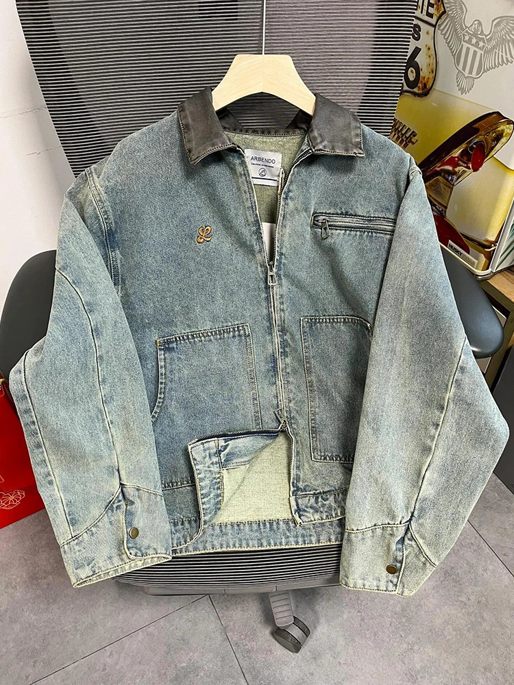 Americana PU Collar Denim Jacket Vintage Washed Embroidered Badge Multi Zip Oversized Spring Fall Cargo Casual Coat 251017