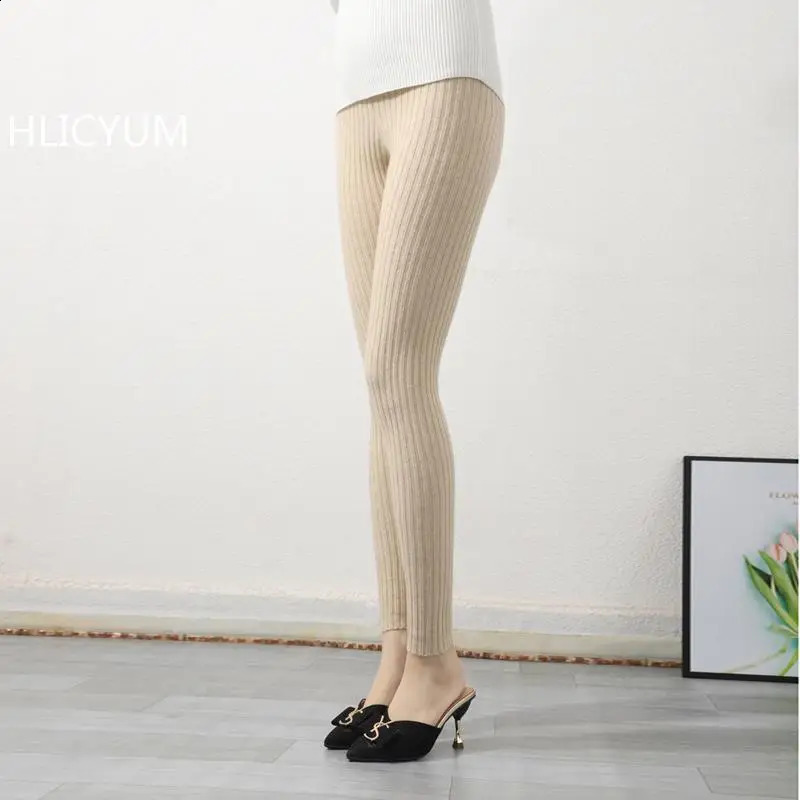 Cashmere Slim Leggings Women High Waist Casual Trousers Knitted Ribbed Thicken Solid Elasticity Thermal AnkleLength Leggins 251022