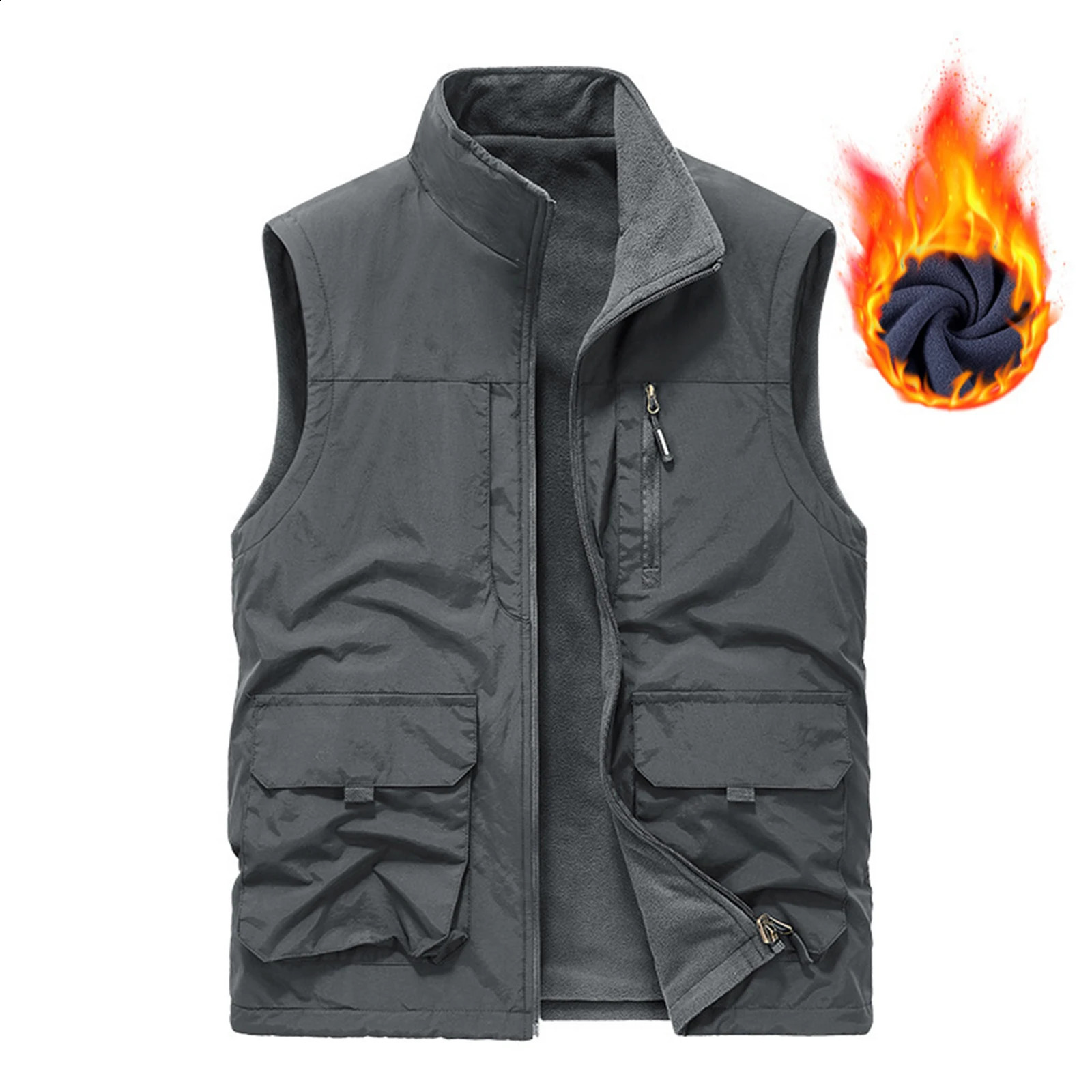 Mens Winter Fleece Cargo Vest Outdoor Multi Pocket Sleeveless Jacket Warm Thick Work Waistcoat Leisure Solid Color 251023