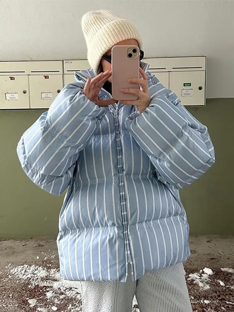 Winter Striped Womens Hooded Quilted Jacket Thicken Zipper Long Sleeve Short Coat Casual Female Loose Warm Outerwear 251021