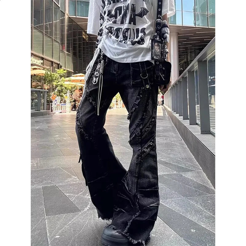Womens Y2k Baggy Flare Jeans Harajuku Japanese 2000s Style Patchwork Denim Trouser Vintage Oversize Cargo Pants Clothes 251022
