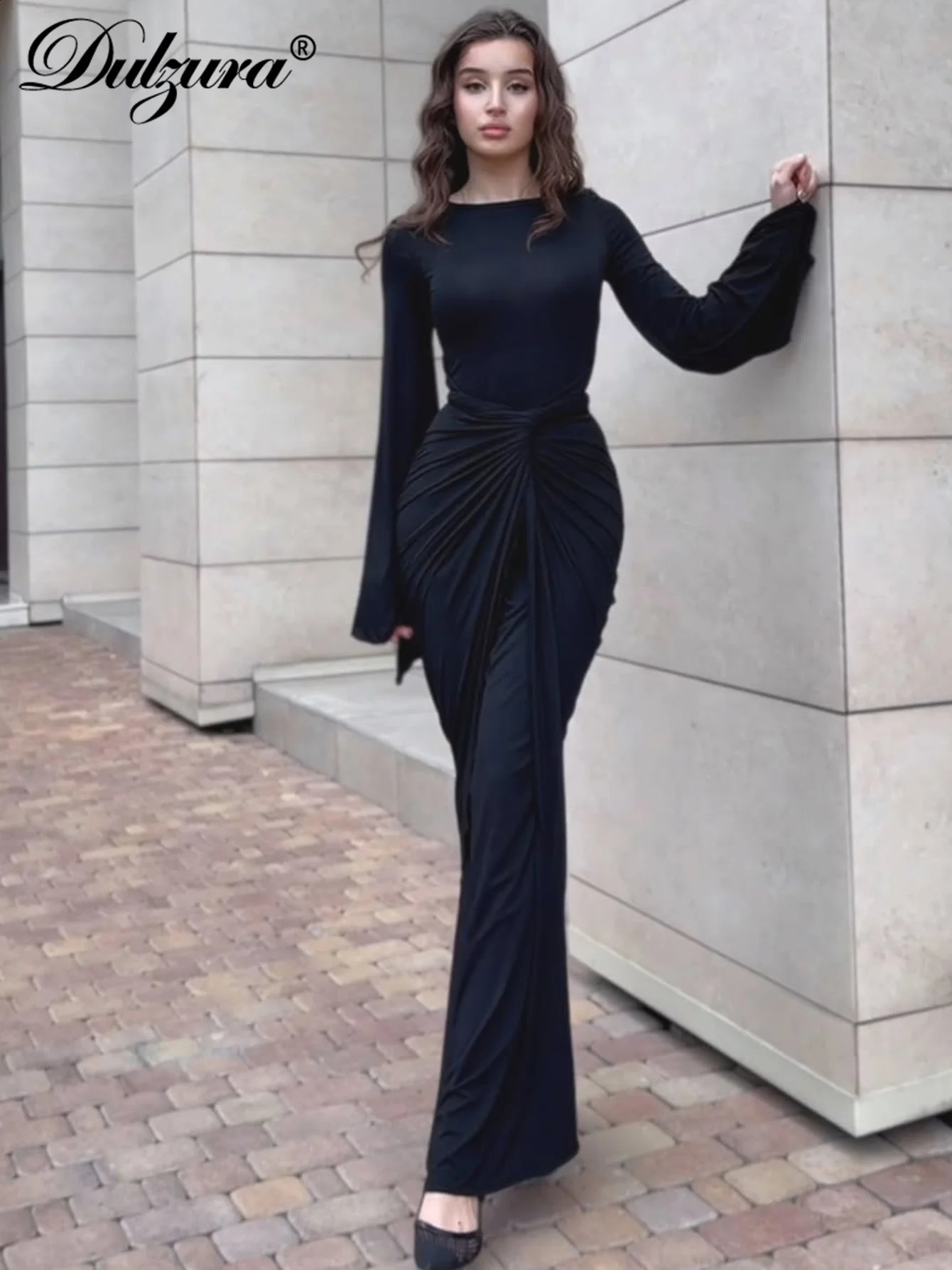 Dulzura Autumn Fashion Elegant ONeck Long Flare Sleeve Ruched Slim Fit Ribbon Dress WomenS Solid Casual Party Club Outfit 251022