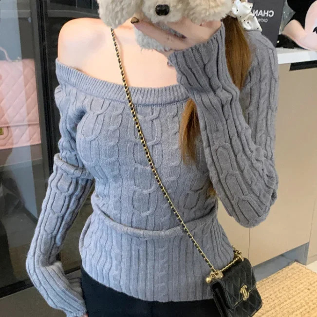Gray ShoulderOff Knitted Sweater Womens Fashion Slim Fit Base Shirt Trendy Twist Knitwear Winter Casual Top Quality Assurance 251023