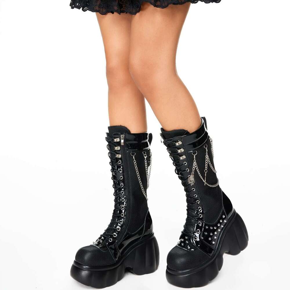 2025Fashion Studded Motorcycle Chunky Black Combat Ankle Booties With Chain Detail, Round Toe, High Heel, Faux Cover