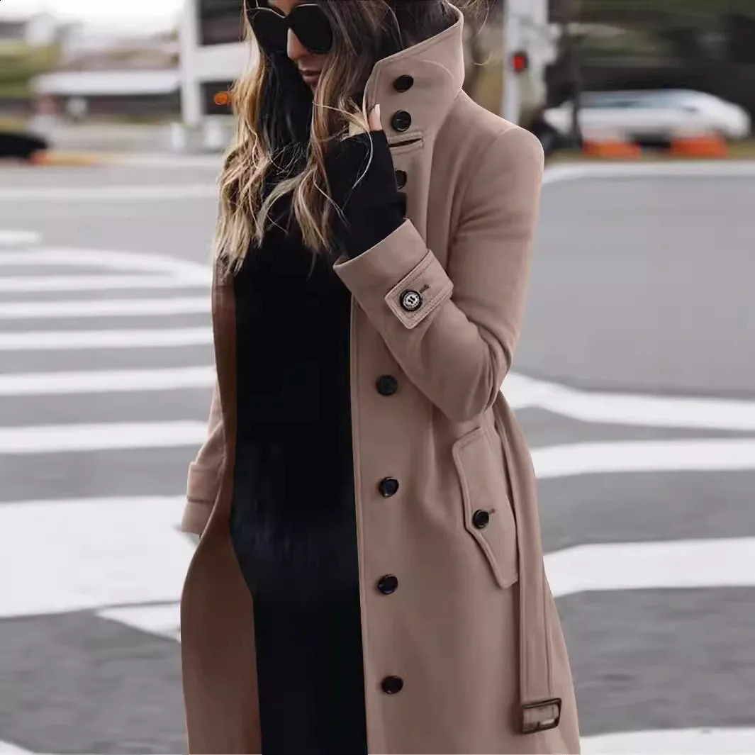 Solid Color Button Long Wool Coat Autumn Warm Stand Collar Women Fashion Ladies High Neck Pocket Belt Trench 251021