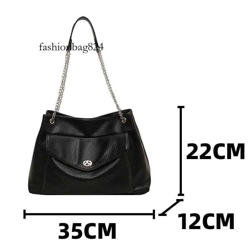Female Large Black Tote Handbag Multi Pocket Ladies Metal Chain Shoulder Bag Soft Pu Leather Women's Serviceable Crossbody Bags