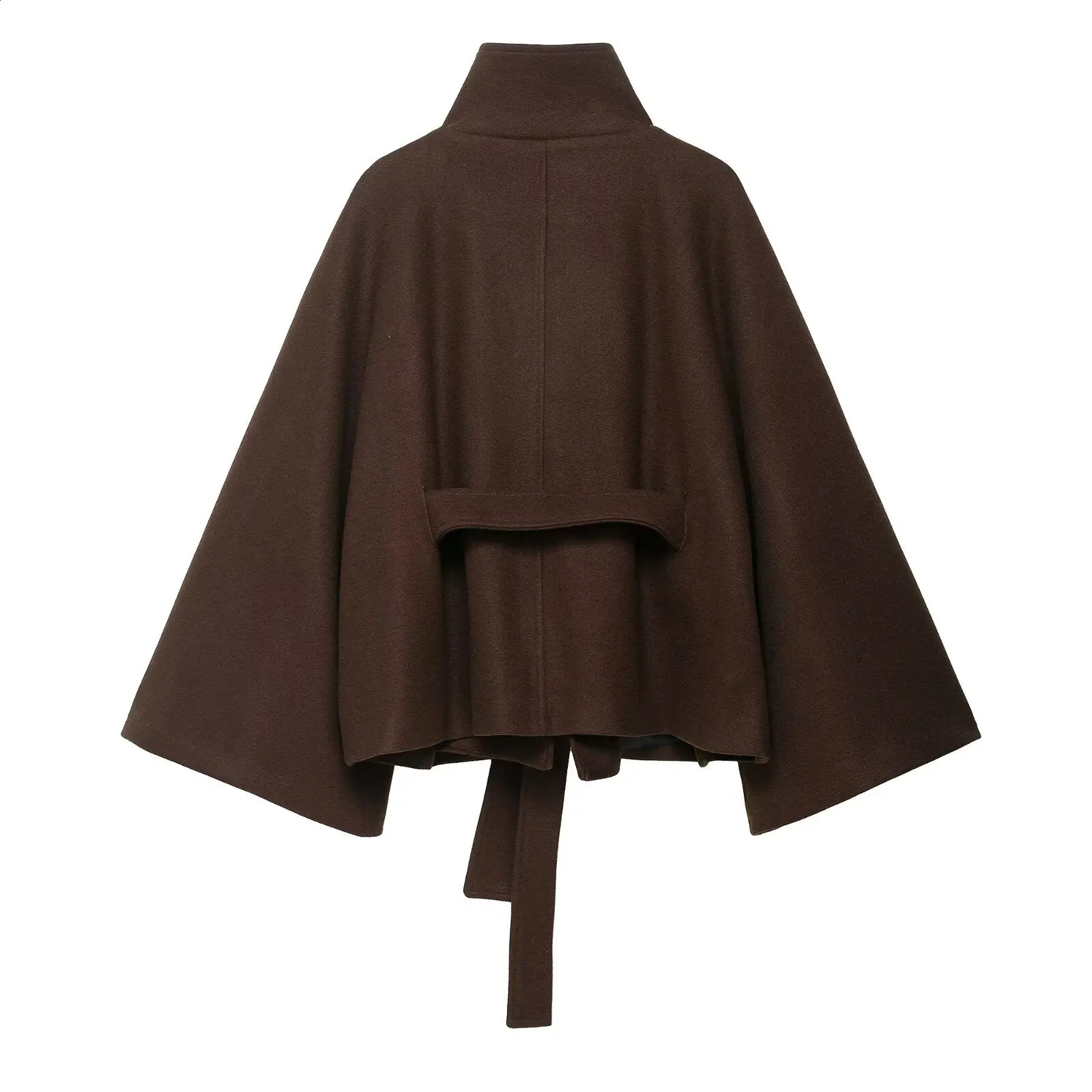 Faux Wool Blend Cloak Jacket Women StandNeck Three Button Wide Sleeves Belt Coats Female Autumn Solid Chic Fashion Outwears 251013