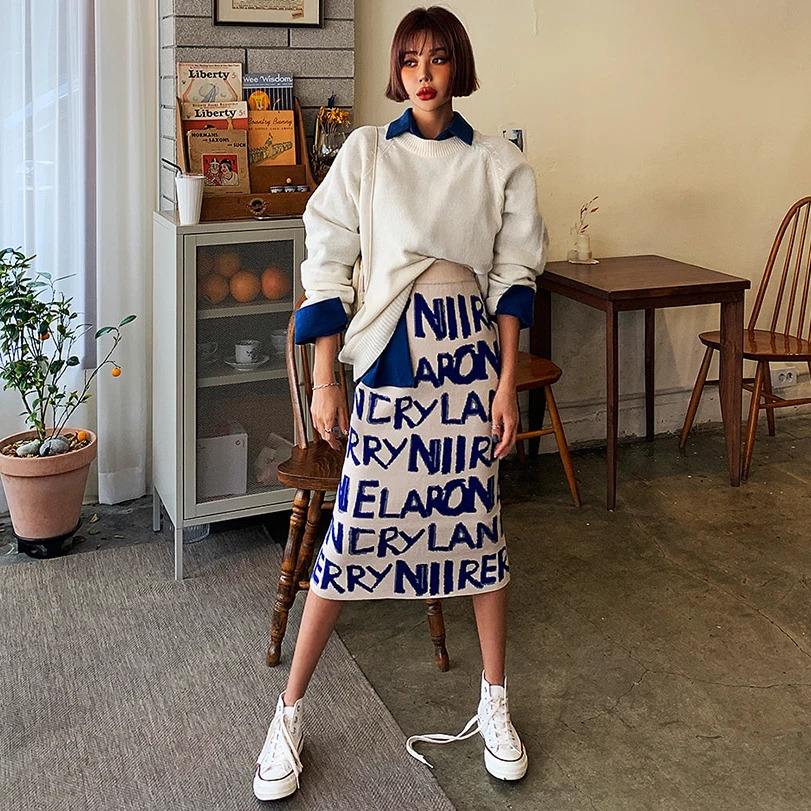 CHEERART Sweater Skirt Women Letter Print Knitted Korean Skirt Hgih Waist Long Winter Wrap Skirt Warm er Fashion 251020