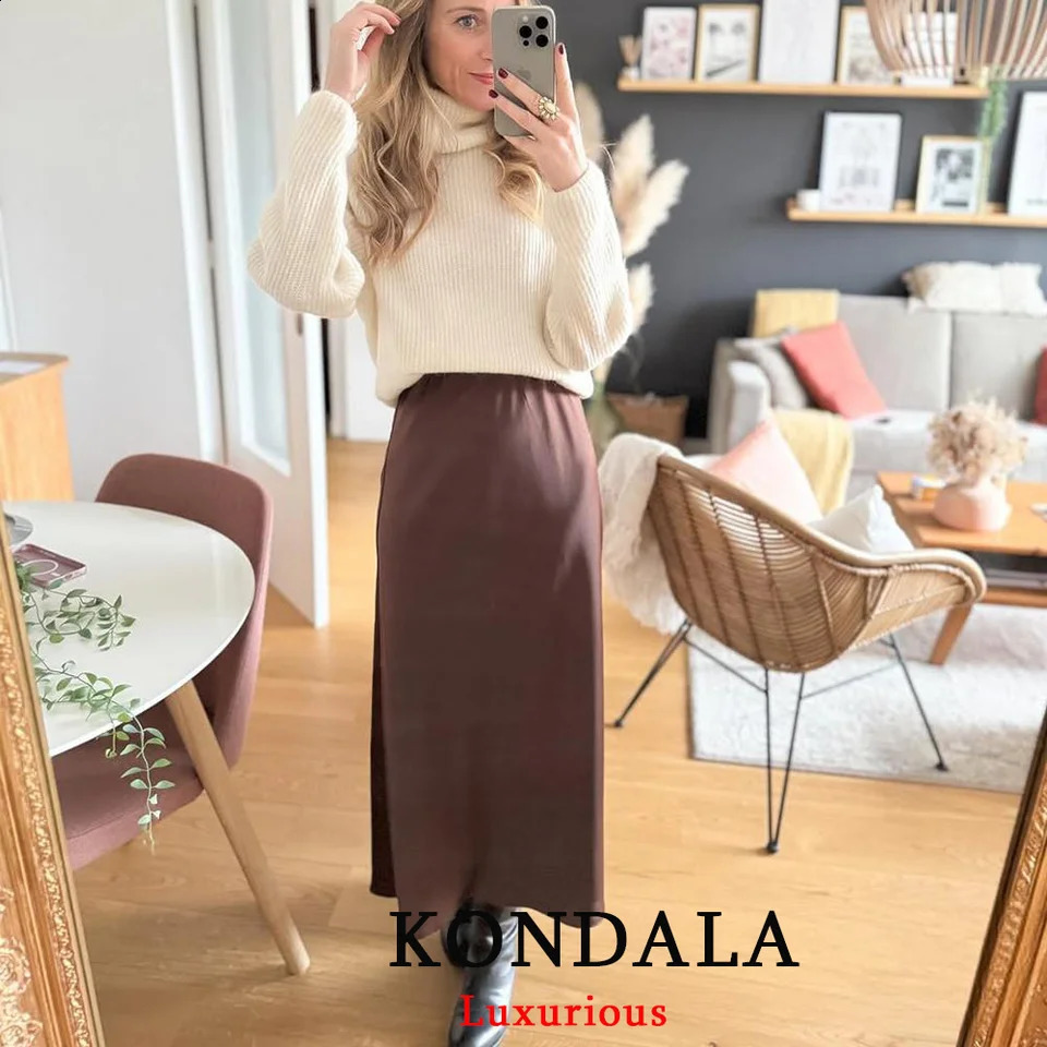 KONDALA Vintage Casual Brown Satin Long Skirts Women High Waist Elastic Straight Mocha Mousse Fashion Elegant 251022