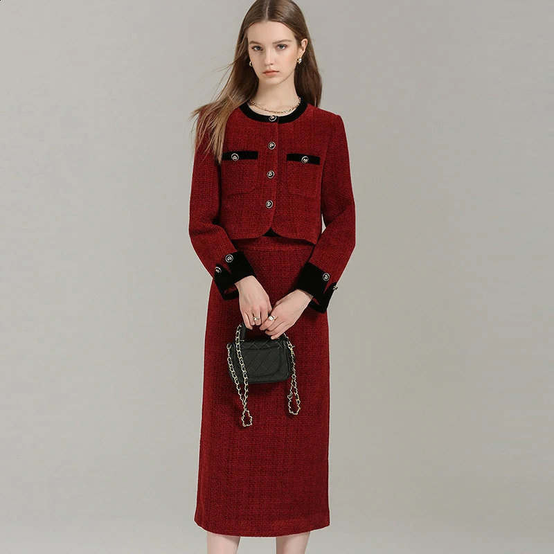 EVNISI Women Elegant TwoPiece Wine Tweed Cardigan Coat Aline Skirt Set Button Up Long Sleeved Chic JacketHigh Waist 251022