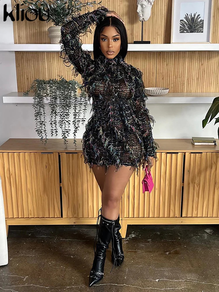 kliou Ruched Patchwork Mini Dress Women Striped Stacked Autumn Full Sleeve Crew Neck Holes Chic Bodycon Female Trend Streetwear 251023