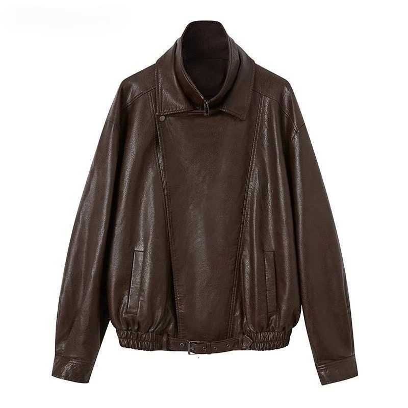 Mens Autumn High Colar Pu Leather Jacket American Retro and Cleanfit Handsome Loose Fashion Atmosphere Asymmetrical Zipper Coat W251023