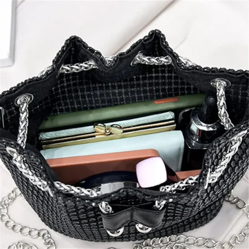 Sparkling Embellished Drawstring Crossbody Bag for Women MultiFunctional Bucket Purse with Detachable Chain Strap 251018