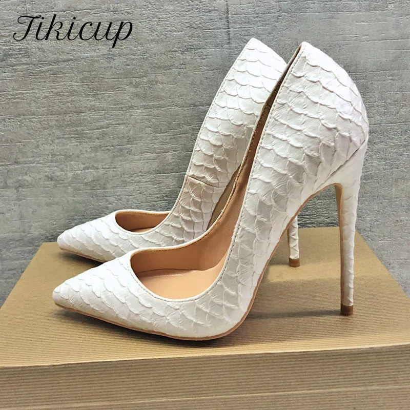 Tikicup White CrocodileEffect Women Sexy Pattern Stiletto High Heels 12cm 10cm 8cm Customize Lady Pointy Pumps Chic Party Shoes 251022