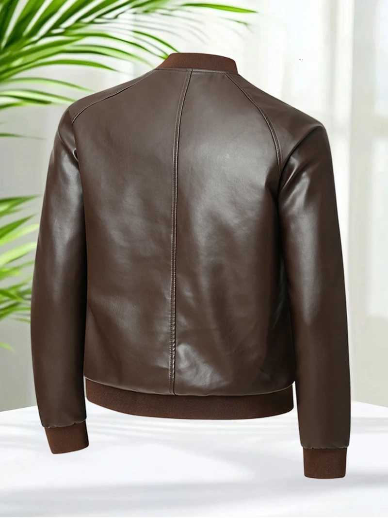 Mens Coffee PU Leather Jacket Faux Leather Bomber Coat Casual Slim Fit Lightweight Motorcycle Biker Outerwear for Autumn W251023