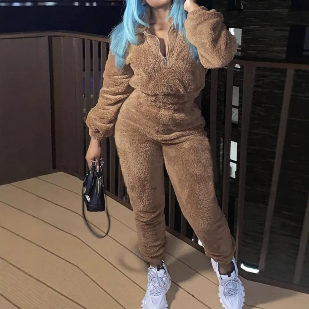 Fashion Casual Solid Color Plush Womens Suit Autumn Winter Ultra Short Jacket Slim Warm Sports Trousers Girls 2 Piece Set 251022