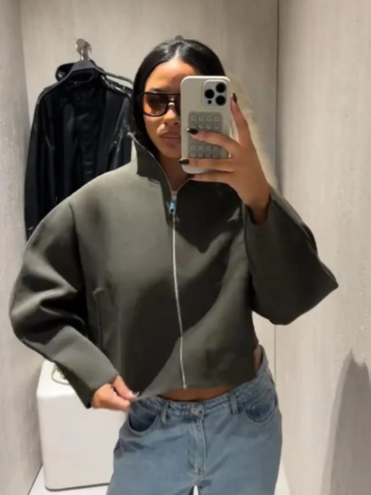 Stand Zipper Short Jacket Womens Early Autumn Solid Long Sleeve Loose Coats Fashion Commute Ladies Outerwear 251020