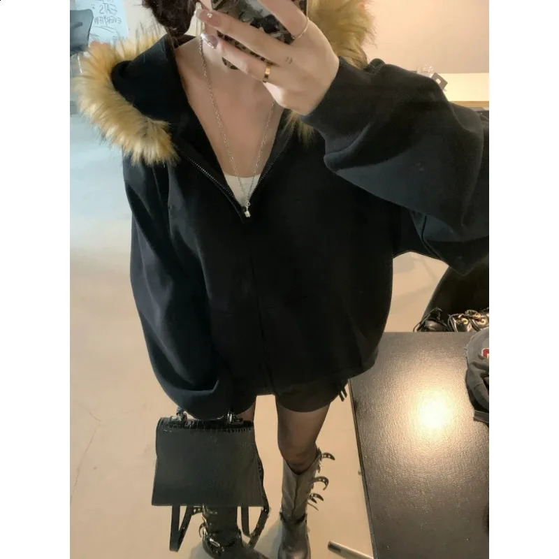 Subculture Gothic Women Coats with Hoodies Vintage Korean Harajuku Black Jackets Faux Fur Coat Female Loose Casual Sweatshirt 251022