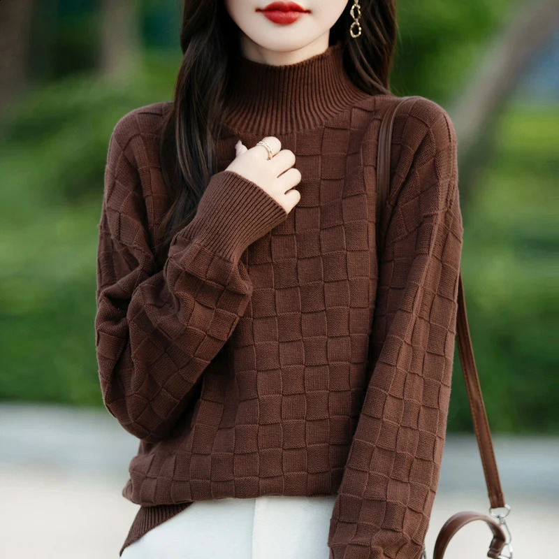 Autumn and Winter Womens 100 Cotton Sweater Half High Collar Pullover Shirt Square Pattern Loose Fashion Knitted Top 251016