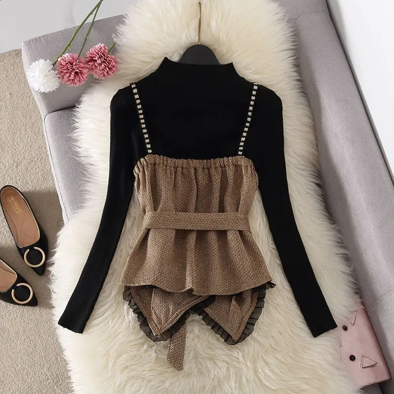 Arrival TwoPiece Set Summer Elegant Versatile Crop Top Sweater Trendy Belted Polyester Long Sleeve Casual Outfit 251022