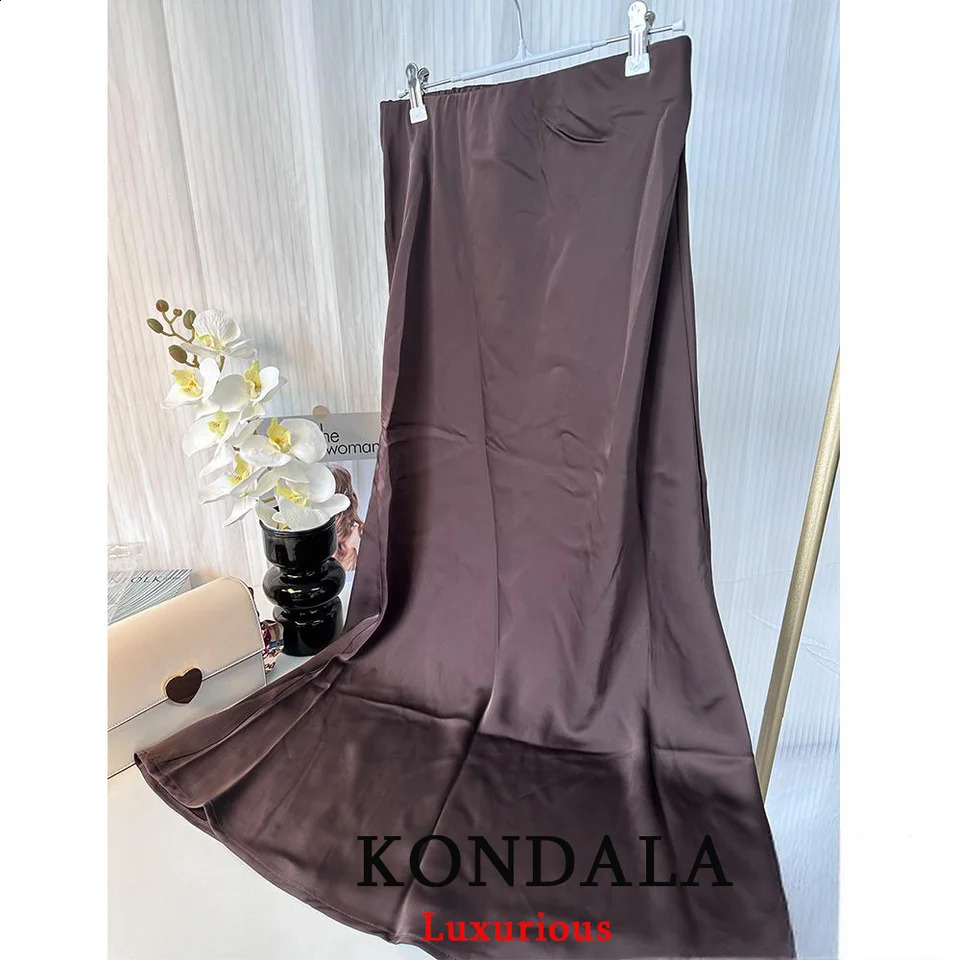 KONDALA Vintage Casual Brown Satin Long Skirts Women High Waist Elastic Straight Mocha Mousse Fashion Elegant 251022