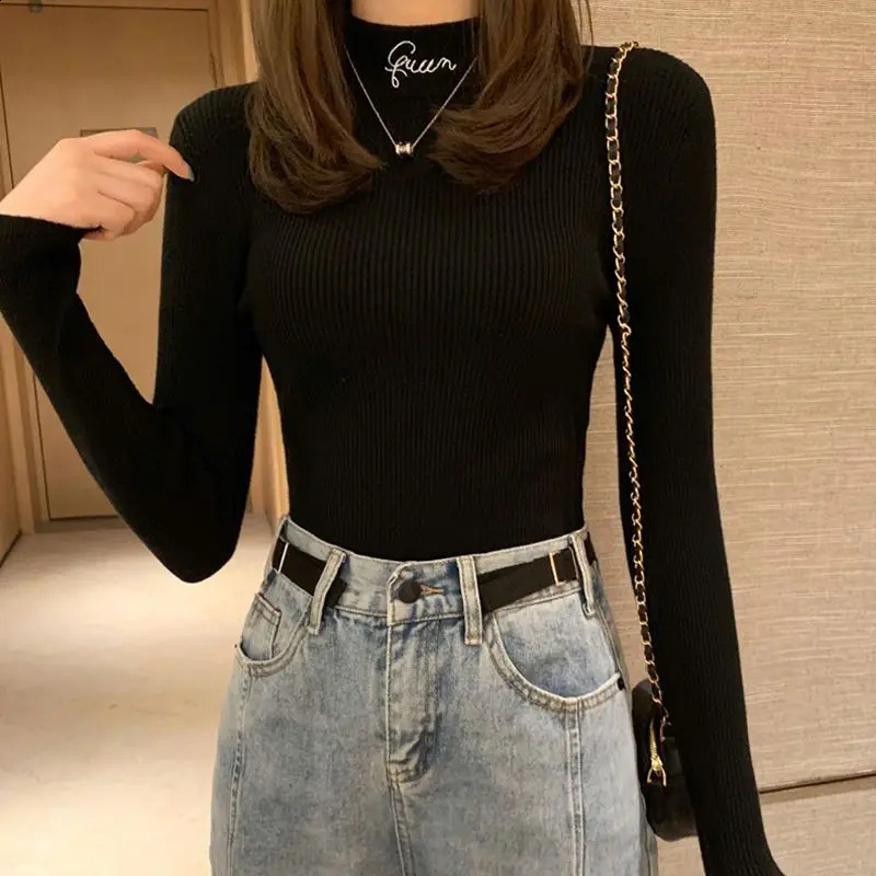 Bottom Shirt Autumn and Winter Slimfitting Foreign Style Semiturtleneck Embroidered Letter Knitted Sweater Corespun Yarn 251023
