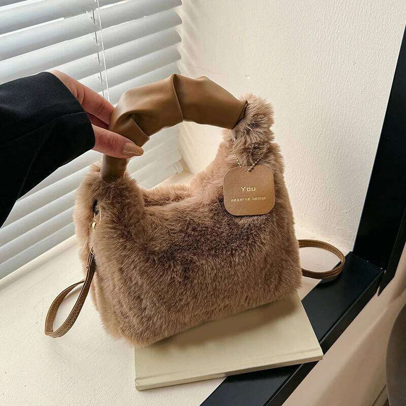 Faux Fur Plush Handbags Ruched Handle Small Lady Shoulder Crossbody Bag Casual Tote Half-Moon Hobos Winter Bags For Women