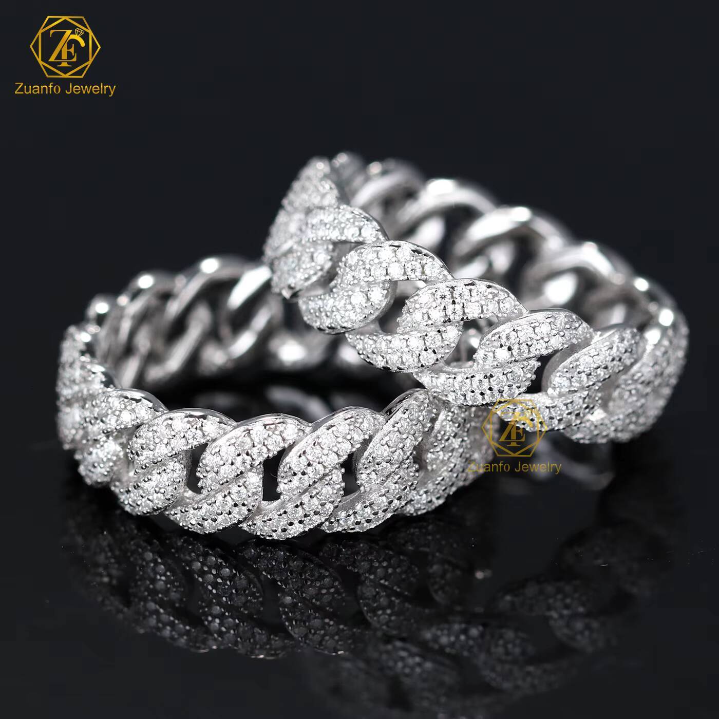 Wholesale Fast Shipping Fashionable Mens Moissanite Rhinestone Chain Ring 7mm Cuban Link Band Hip Hop Style Jewelry