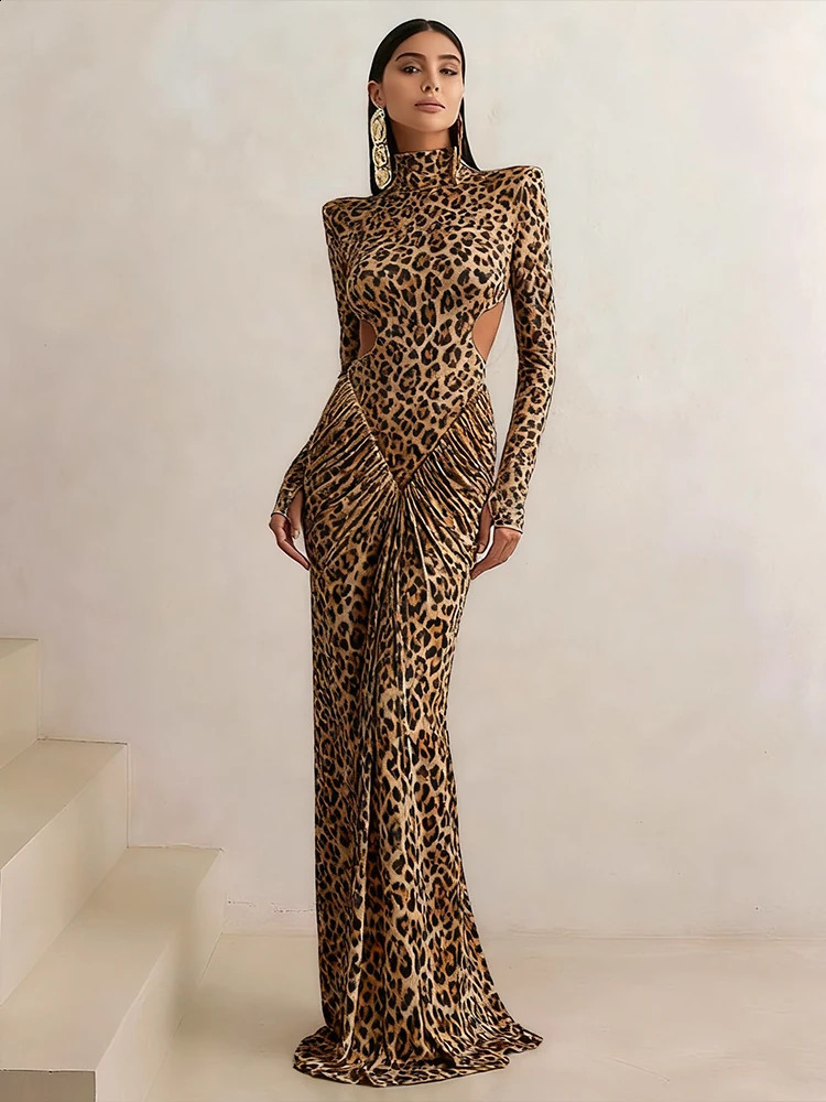 Nibber Leopard Print Maxi Dress Women Backless Full Sleeve Turtleneck Peach Butt Folds Skinny Fashion Elegant Banquet Vestidos 251022