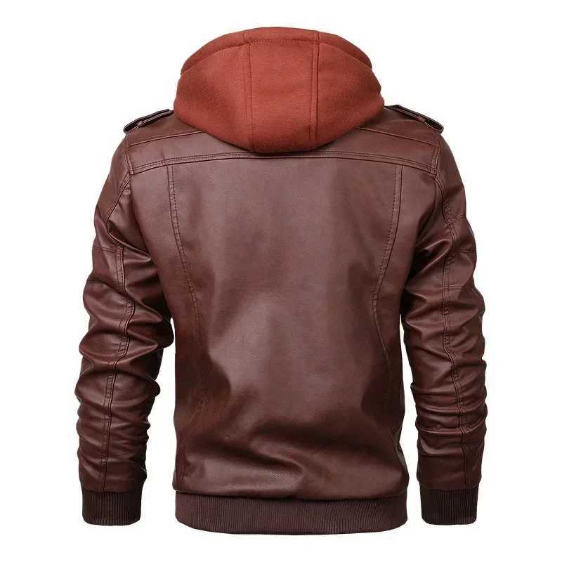 Spliced PU Leather Faux Leather Cardigan Solid Zipper Hooded Men Jackets Pockets Loose Fit Outerwear High Street Man Jacket W251023
