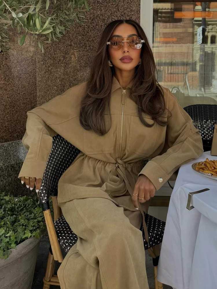 HH Women Long Sleeves Belt Lapel Zipper Pocket CoatHigh Waist Elastic Waist Drawstring Wide Leg Pants Autumn Chic 2Piece SetT251022