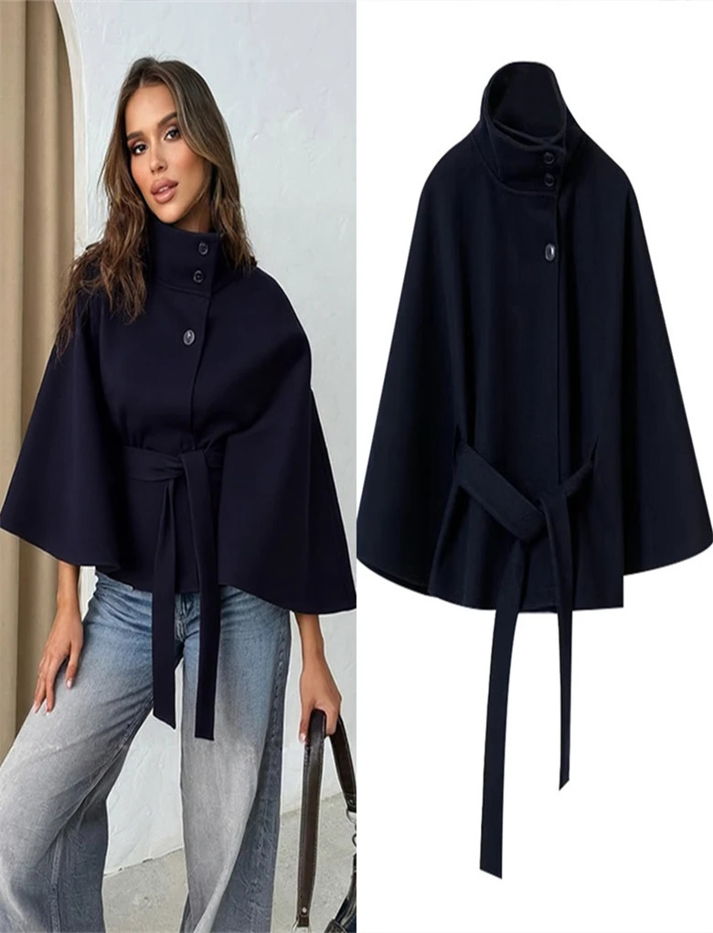 Elegant Lace Up Loose Fit Cape Coat Womens Autumn Winter Oversized High Neck Belted Wrap Jacket Fashion Warm Outerwear Outfit 251016