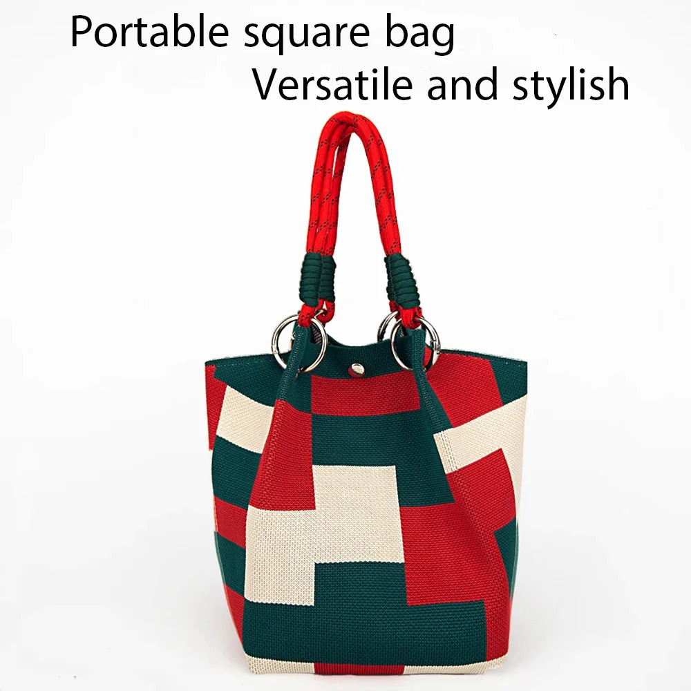 Ins Color Block Knit Tote Bag Bucket Storage with Adjustable Straps Metal Rings Snap Clre for Casual Travel 251018