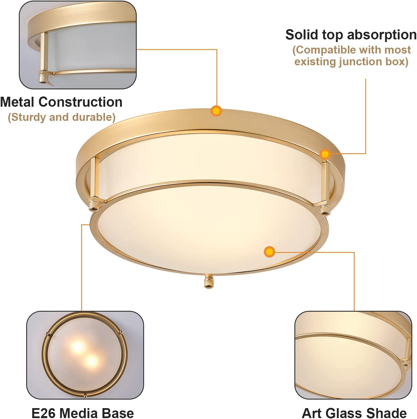 12.99-inch 2-light modern ceiling lamp with brass gold finish, suitable for corridors, kitchens, laundry rooms and bedrooms